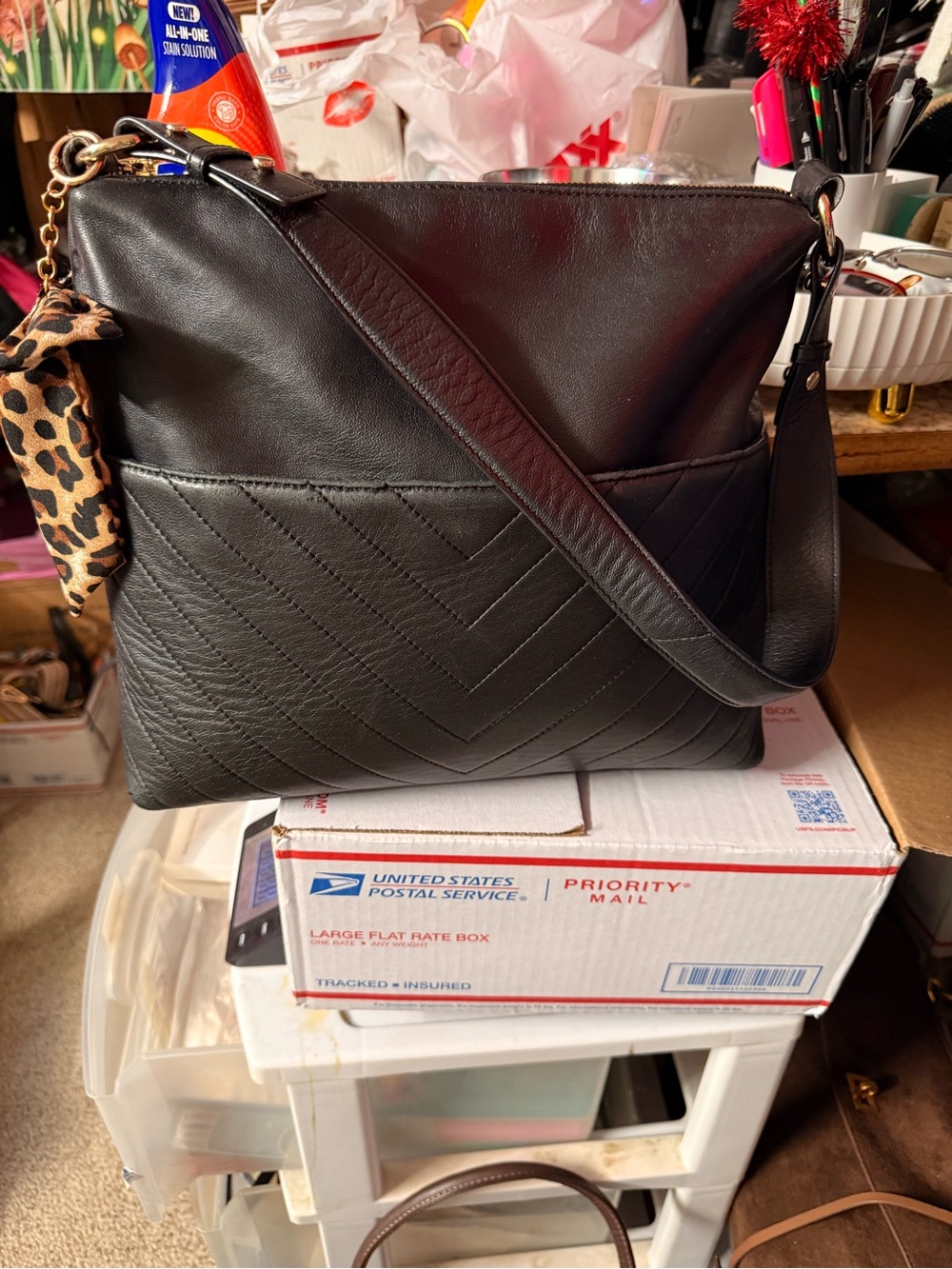 Karl Lagerfeld Black Quilted Crossbody with Leopard Accent Scarf